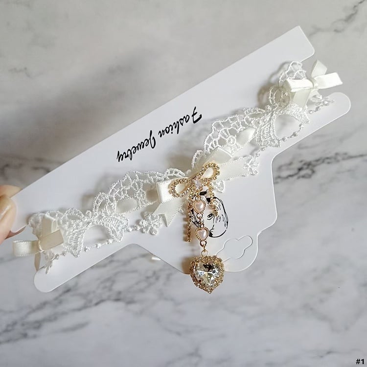 Kei 12 Heart Rhinestone Lace Choker Jirai Bowknot Options Color