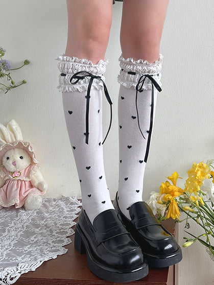 Black Trim Under-Knee Stockings Heart White Lace Pattern Lolita