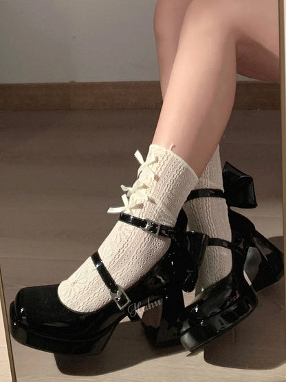 Block Heels Absatz Schwarz und mit Schleife Plateau Cut-Out Celestial Y2K Mond High Back Stern Schnallen -