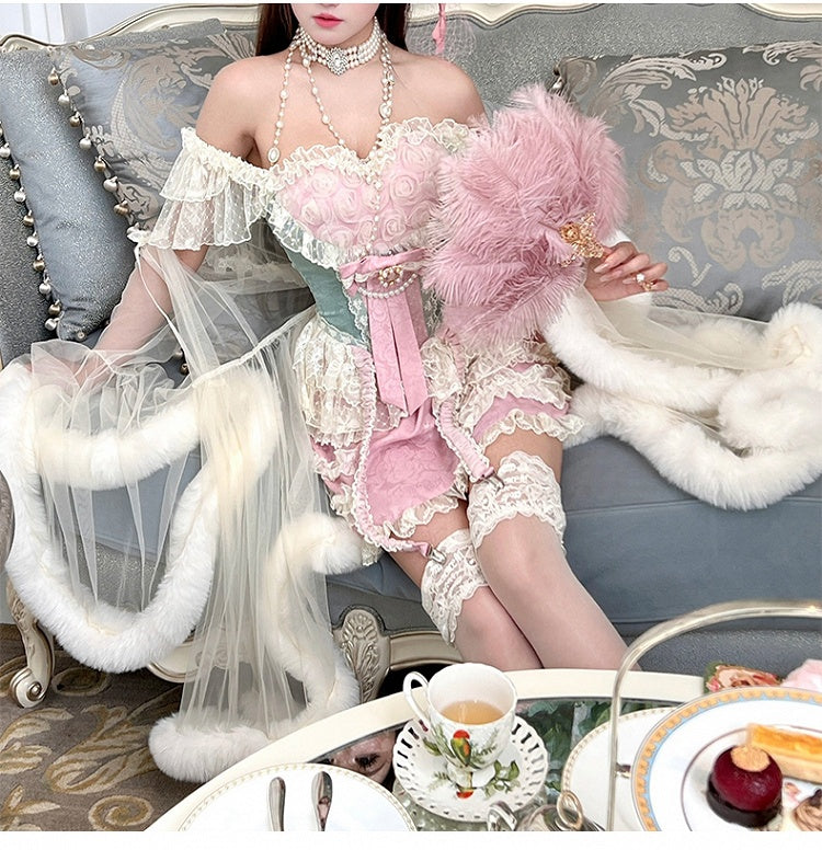 Rokoko Sweetheart Skort + Korsett Top Grünes Outfit Rosa Ausschnitt Rosen