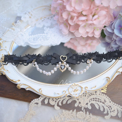 7 and Kei Jirai Beaded Chain Colors Charms Heart Choker Rhinestone Bow with