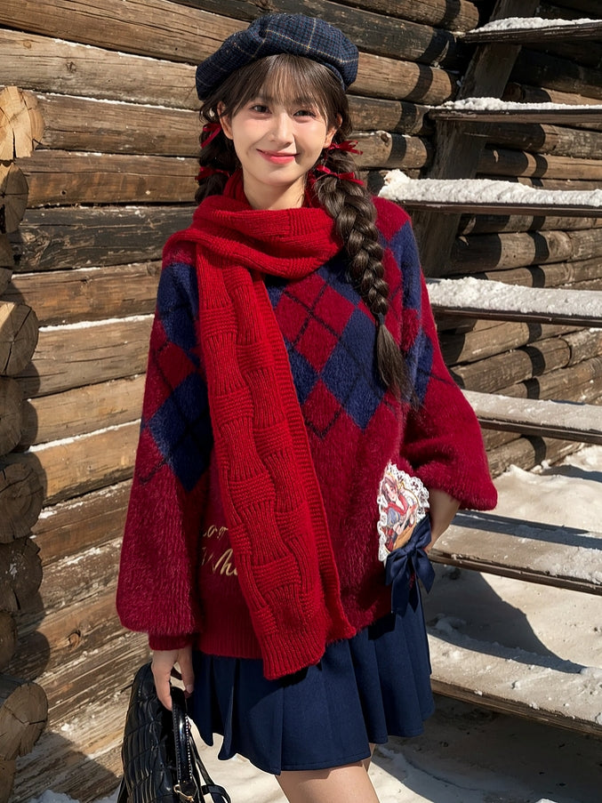 白雪姫プリンセス レッドダイヤモンド柄 モヘア ルーズセーター