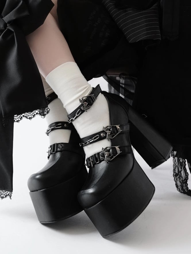Toe Black Closure Mary Punk Heel with Ornate Coffin - Matte Square Bat Janes Motif Chunky Cross