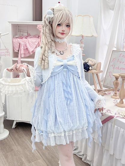 Blue Polka Dot Bow Sleeveless Bubble Dress with Lace - Tan Tuan