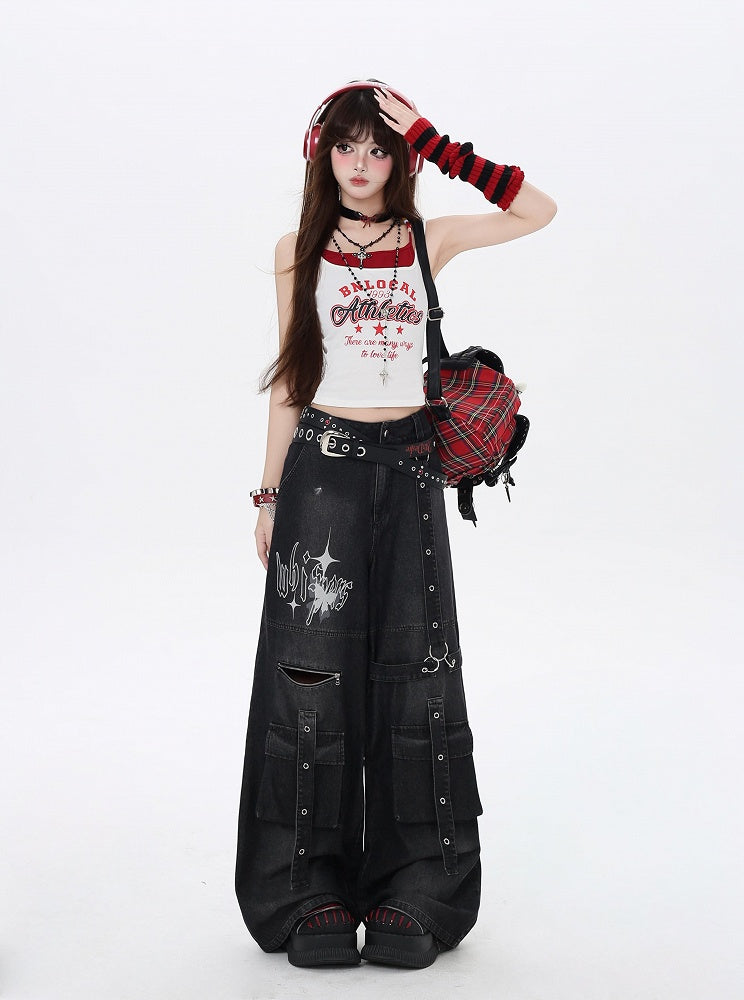 Jeans Black Butterfly Wide-Leg Cargo Print Strap Details Vintage