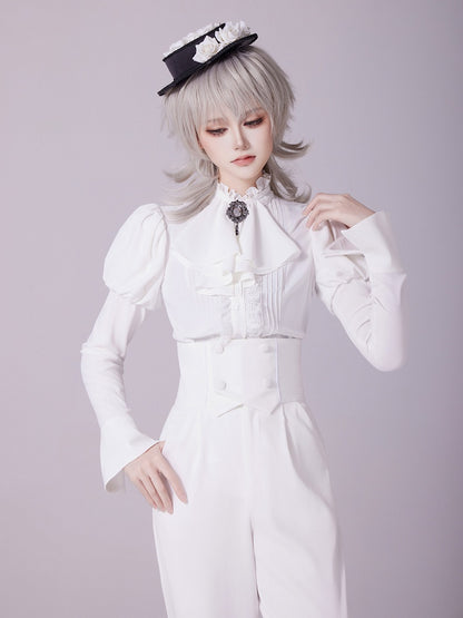 White Long Juliette Sleeve Shirt with Ruffled Neckline and Jabot - DevilInspired Exclusive Collection