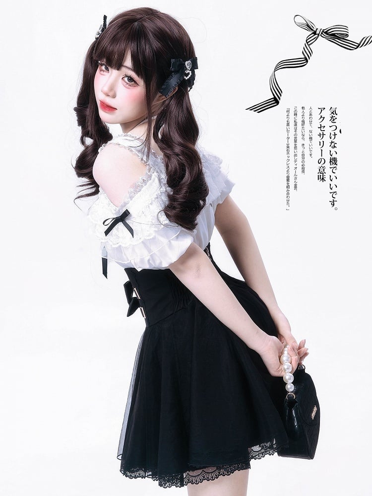 Black Bowknots White Off-the-shoulder Neckline Top Jirai Kei Style with