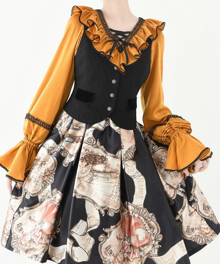 Pumpkin Orange Lace-up Structured Ruffles V-neck Long-Sleeve Blouse