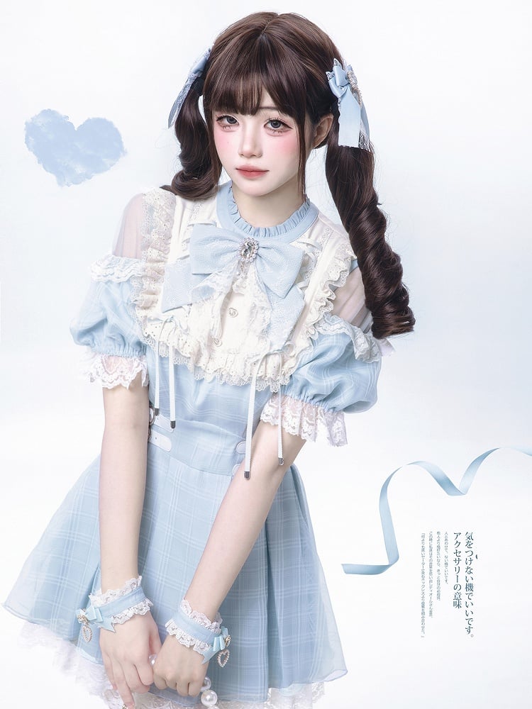 Blue Plaid and Neckline Lace-up with Cutout Kei Light Dress Jirai Shoulder