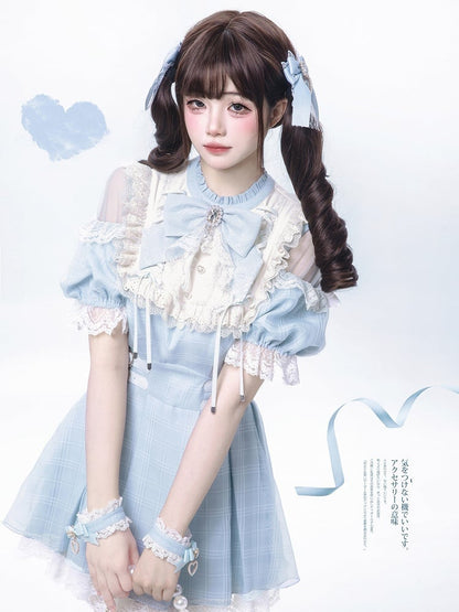 Blue Plaid and Neckline Lace-up with Cutout Kei Light Dress Jirai Shoulder