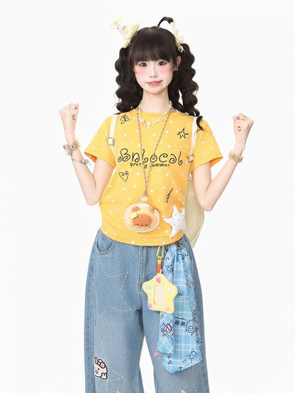 Yellow Daily Kawaii Star Print Crew Neck Short Sleeve T-Shirt with 3D Star Decoration - Languid Park