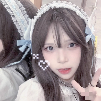 Jirai Kei Light Lace Hairband with Blue Plush Angel Wings Bow Ruffled