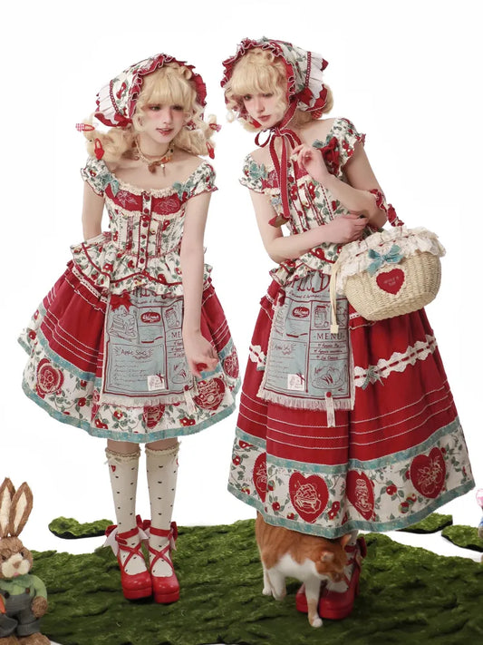 赤と緑のリンゴのコテージコアカントリーロリータスカート