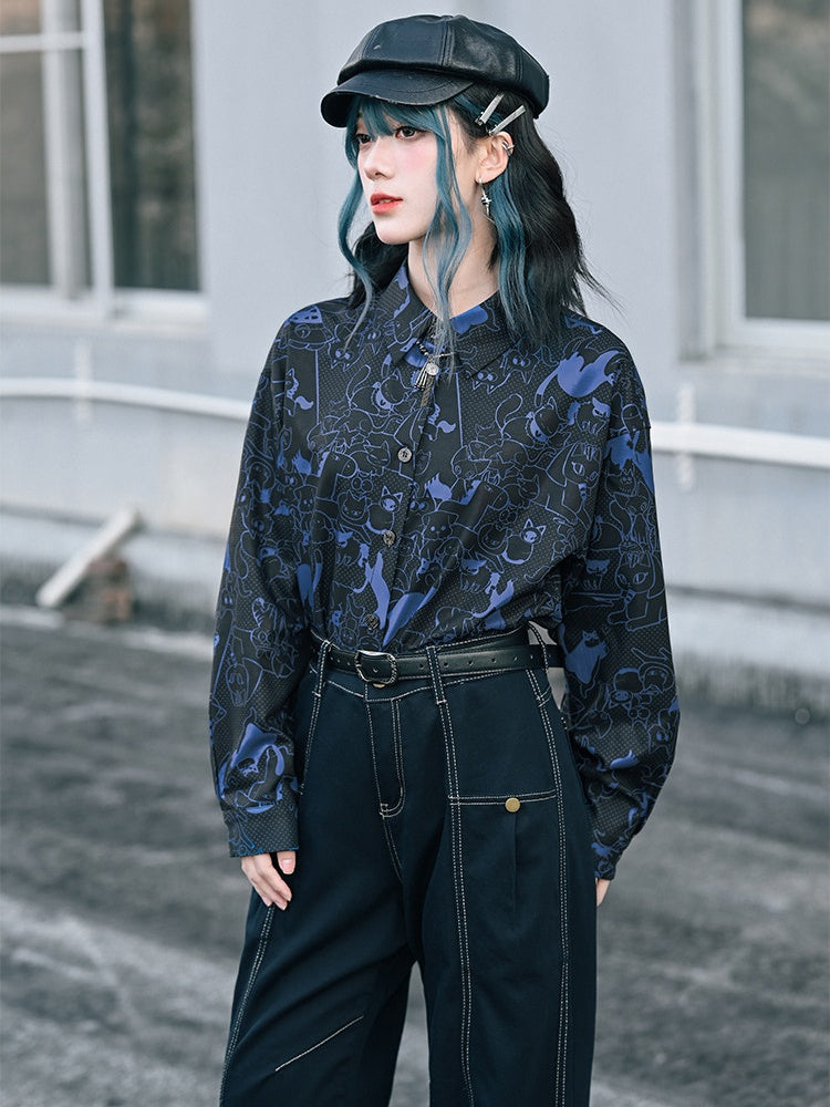 Kitty Print Black Long-Sleeve Shirt with Shell Buttons - Quirky Hut