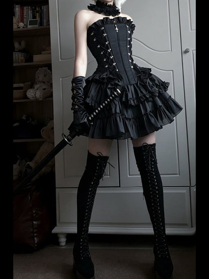 Lace-Up Boned Corset Top with Ruffle Accents - Moonveil Manuscript