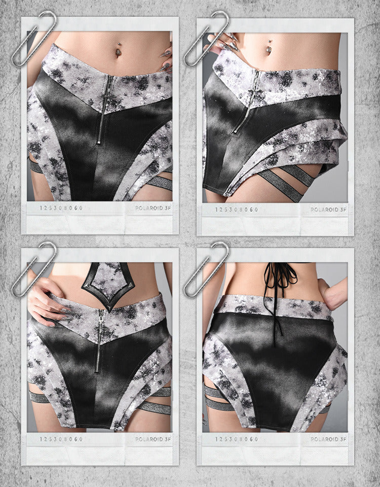 Fashion Asymmetrical Skort Y3K Futuristic Black and Silver Low-Waist Side Elastic Bands Cyberpunk