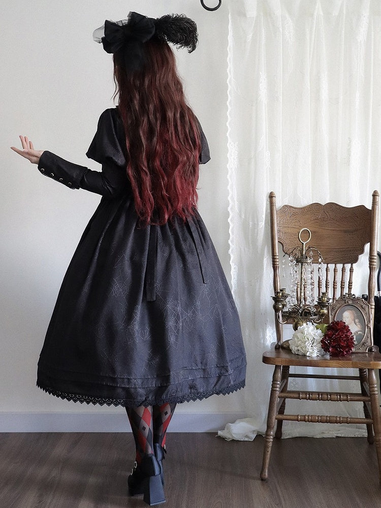 Lolita and Gothic with Lace Pattern Dress Spider Web Trim Black Juliette Sleeves