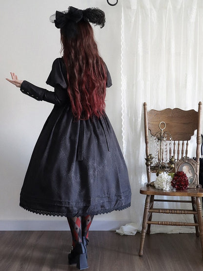 Lolita and Gothic with Lace Pattern Dress Spider Web Trim Black Juliette Sleeves