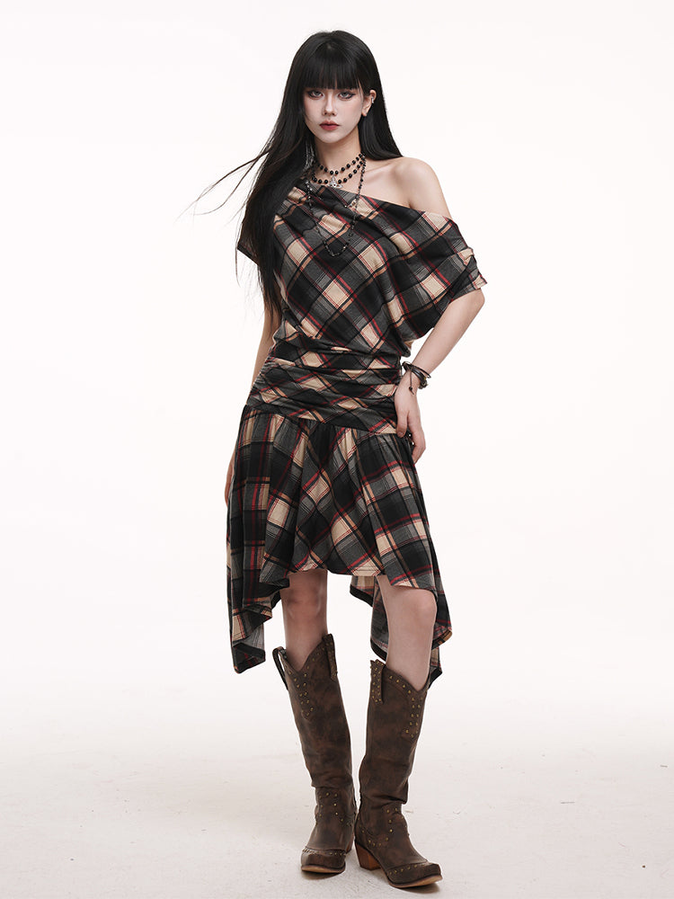 Hem Black Asymmetric Red Flounce Ruched with Apricot Neck Dress Plaid
