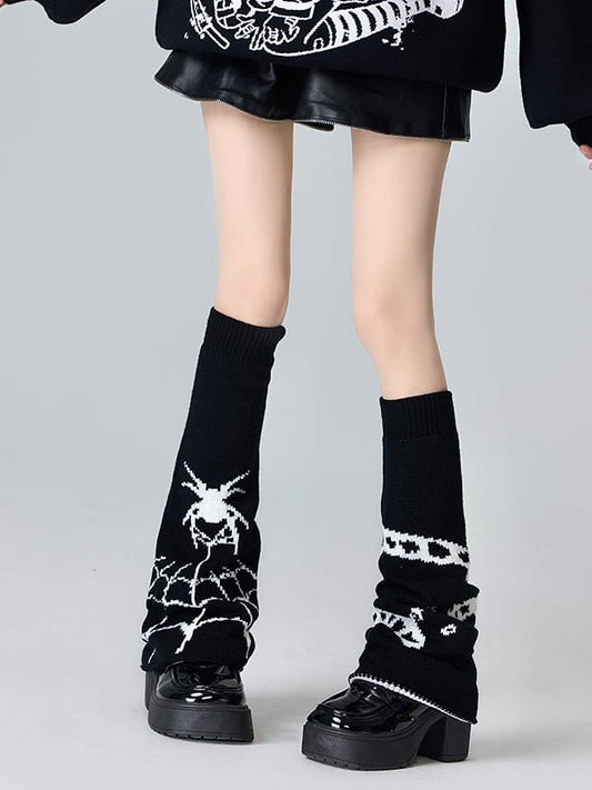 ブラック/ホワイト スパイダー柄 ニット レッグウォーマー