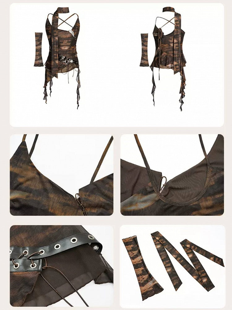 Coffee Vintage Asymmetrical Strap Sleeveless Top with One Arm Sleeve and Ribbon Set