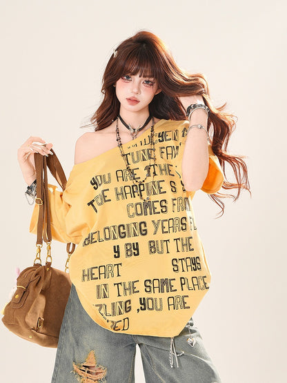アシンメトリーネックライン レタープリント ルーズTシャツ イエロー/ホワイト/ブラック