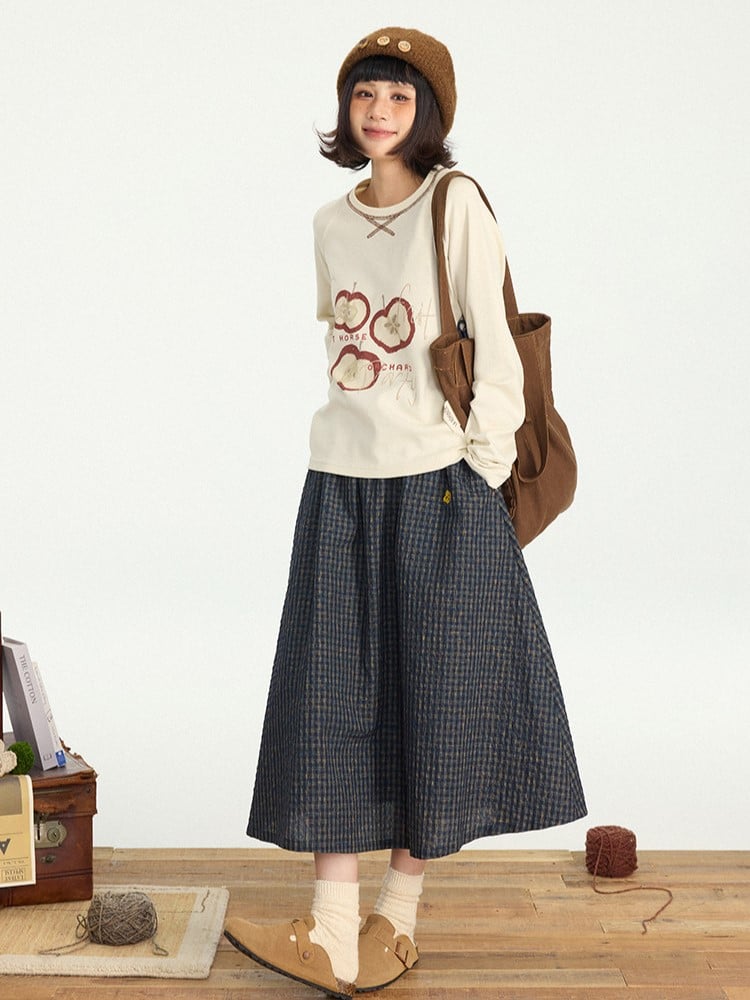 Kawaii Apple Shirt Sleeve Print Beige Long