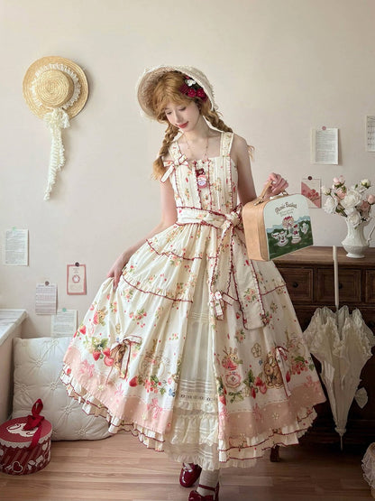 Lolita-Modekleid mit Blumenmuster und rosa Saum, Bunny Print House, Erdbeere und