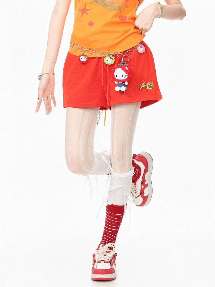 Cute Orange-Red Letter-Printed Drawstring Summer Shorts - Languid Park