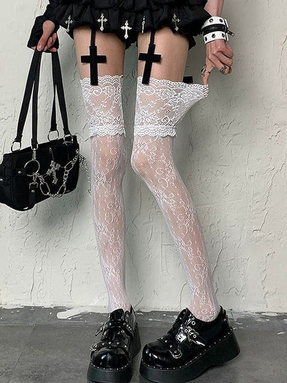 Y2K Floral Pattern Overknee Gyaru Lace Fashion Trim White Stockings