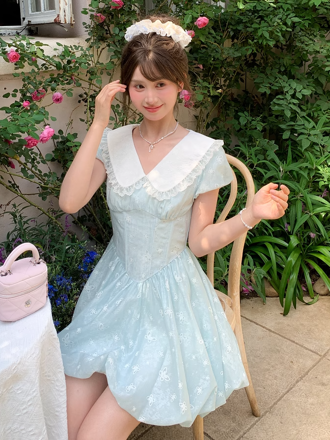 Bubble Blue Peter Pan Kragen Basken-Taille Allover Schmetterling Stickerei Rock Kleid