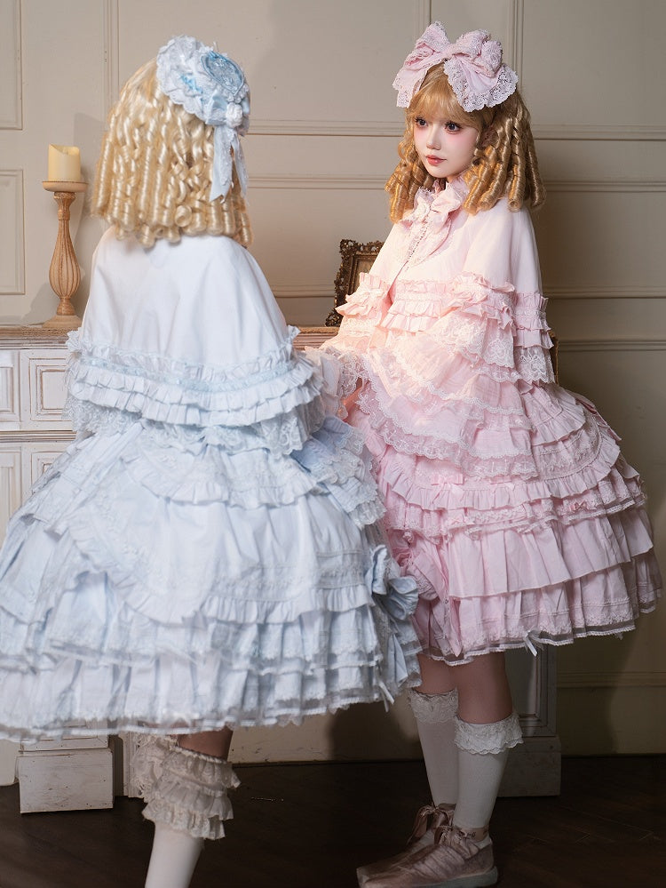 and Red Wine Beige Ruffle / Blue Accent Lace Cape Pink