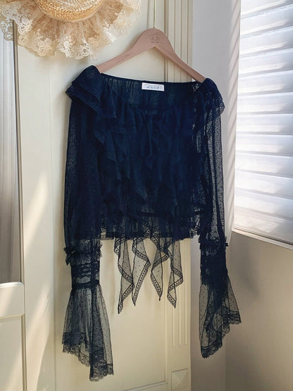 Cascading Top Trim Dotted Black Ruffle Sheer Long Tulle Sleeves