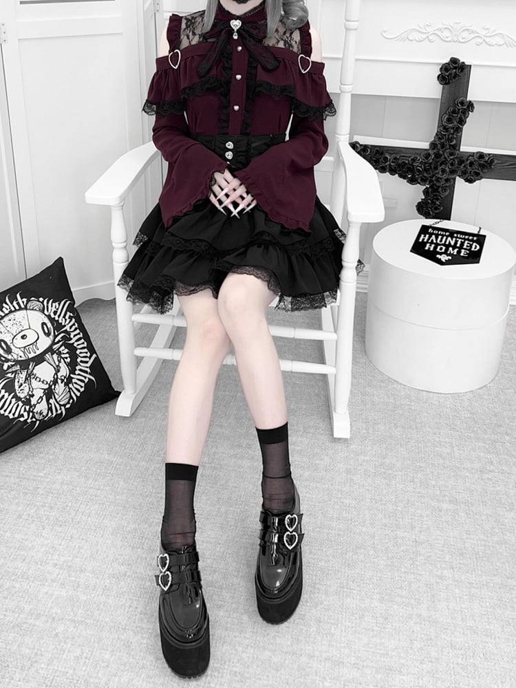 Sleeves Shoulders with Jirai Top Bell Set: Red Wine Open Kei Three-Piece