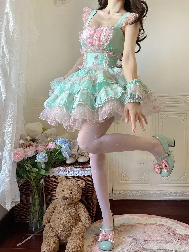 Lolita Dress Sweet Polka-dot Green Pink Heart Pattern Ruffled Heart Front Mint