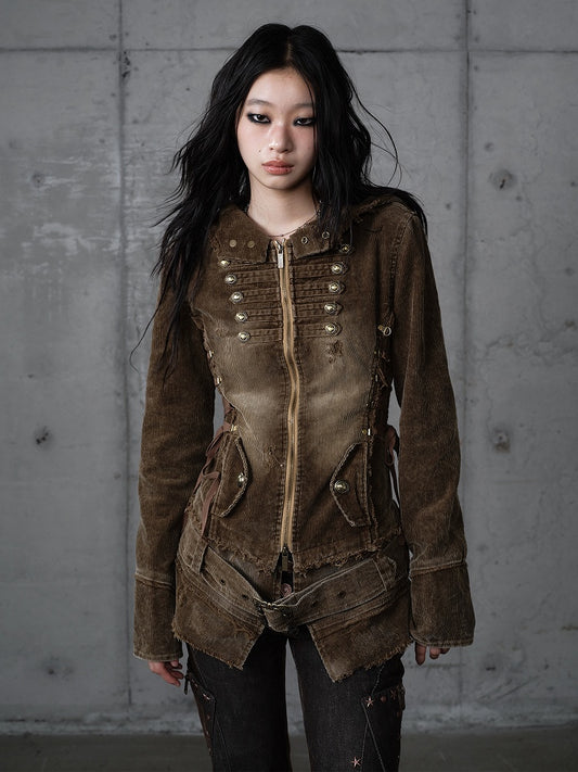 Corduroy Jacket Denim Detachable Khaki Hem Hooded with Vintage Raw-Edge Finish