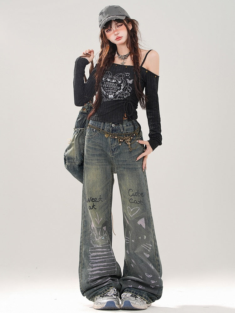 Denim-Jeans mit süßem Print und weitem Bein, blau, verwaschen, mit Kätzchenmuster
