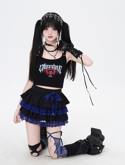 Contrast Blue Lace Trim Black Elastic Tiered Skirt Y2K Waist