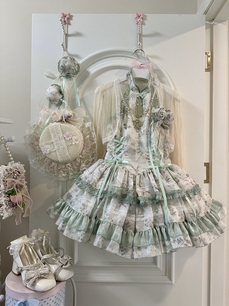 Lolita with Gentle Floral Green Halter Neck Dress Details Pattern Button Qipao-Style Lace