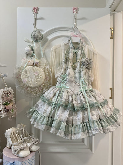 Lolita with Gentle Floral Green Halter Neck Dress Details Pattern Button Qipao-Style Lace