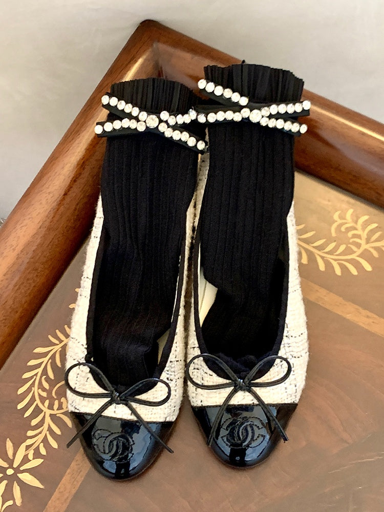 Black/Milk White Rhinestone Bowknot Calf Socks