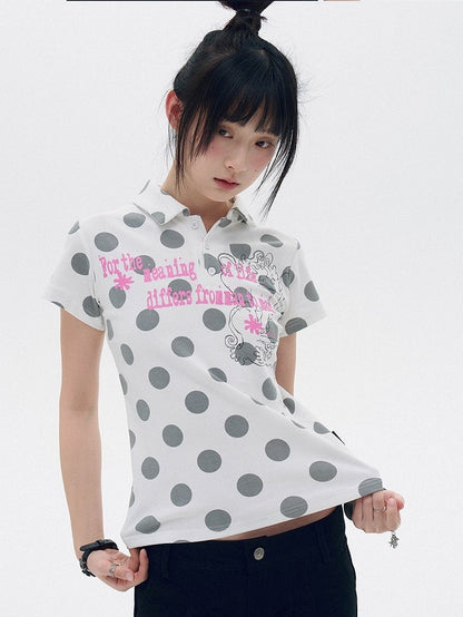 White Gray Polka Dot Polo Shirt with Letter Print - innomoood