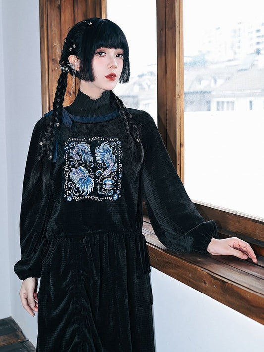 Embroidery Mock Cheongsam - Neck Black Goth Sweatshirt with Goldfish