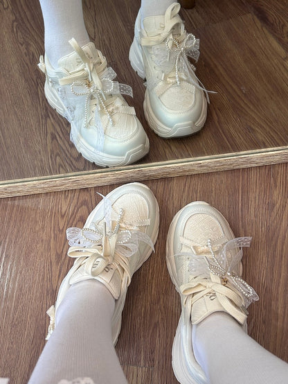Bowknot Details Lace-up Front Ties White Beaded Decorated Sneakers