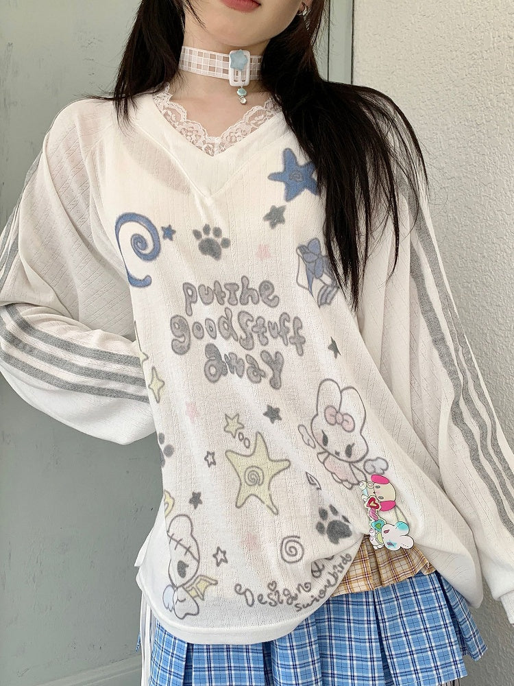 Sleeve White Cartoon Lace Long with Top Print V-neck Trim