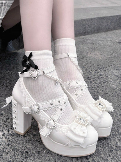 White Platform Mary Jane Shoes with Bow & Rhinestone - Sheep Puff