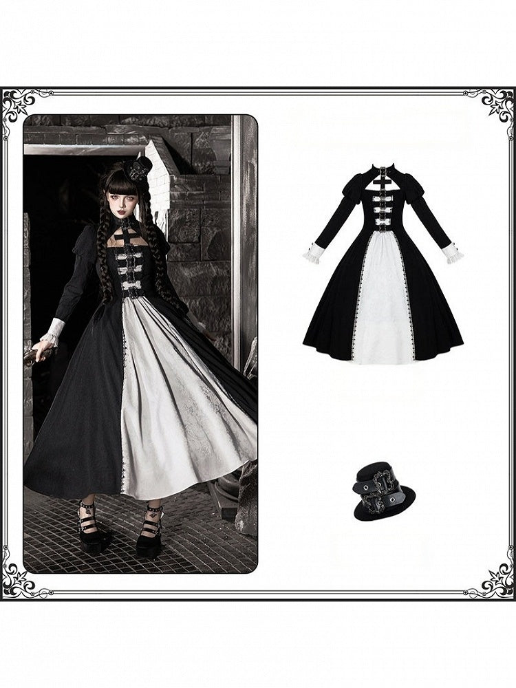 Black and White Gothic Long Lolita OP Gown with Metal Buckle and Mini Hat Set - With PUJI