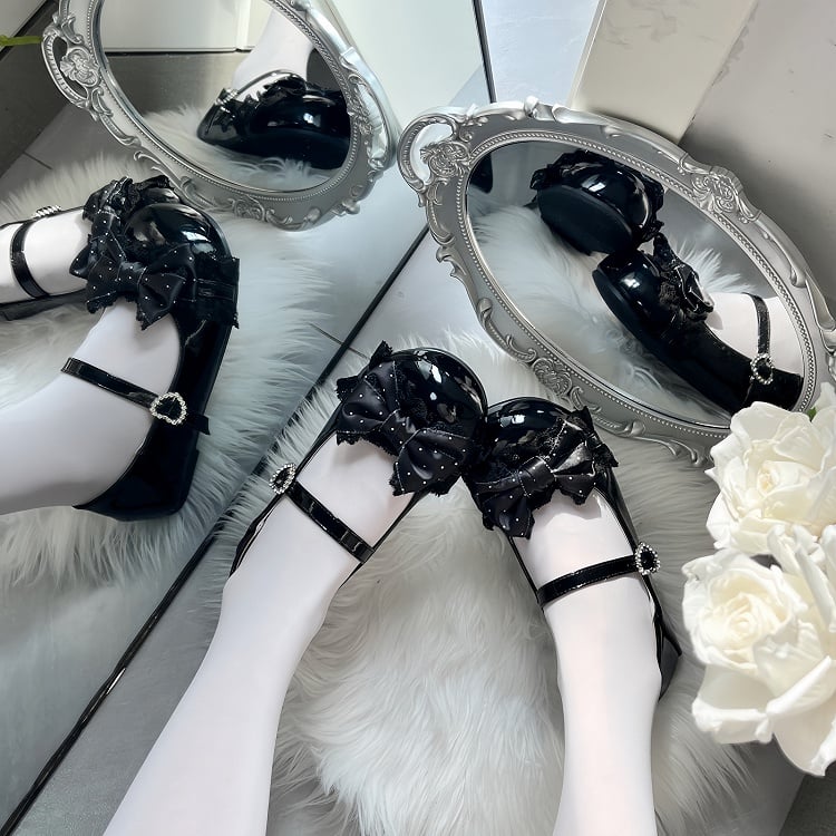 Flat Black Sweet Lolita Mary Jane Shoes - Polka-dot Pattern Bow, Delicate Lace & Sparkling Heart Fastener