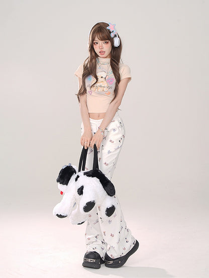 Elastic Comfortable Pattern Cat Flared White Pants: with Leg Kawaii Waist Thicken/Regular