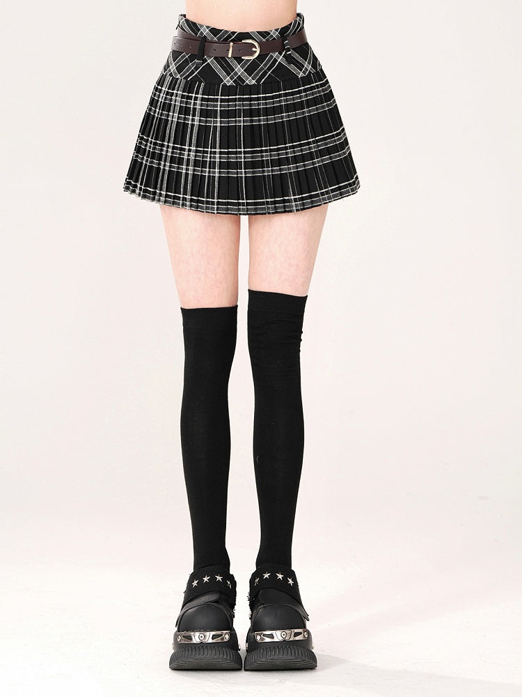 Black Plaid A-Line Mini Skirt with Belt